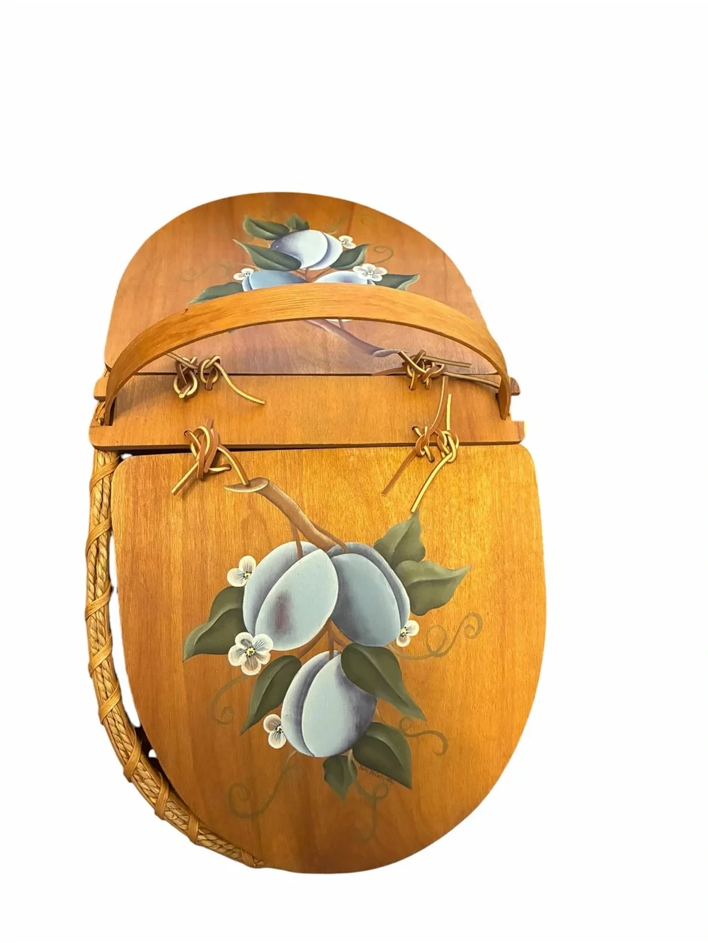 Vintage Hand Painted Plum Floral Woven Wood Double Lid Picnic Basket Brown Large